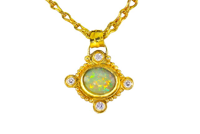 Crystal Opal & Lab-Grown Diamond Pendant in 22k Gold